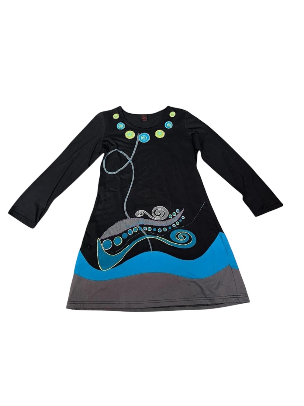 Black A-Line Dress with Blue & Gray Wave Motif